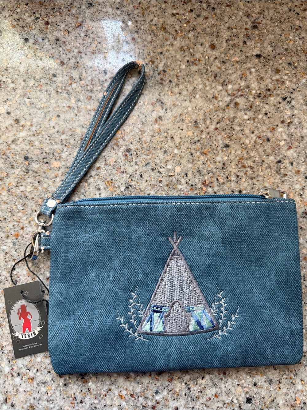 Women’s Blue Embroidered Western Wristlet Clutch